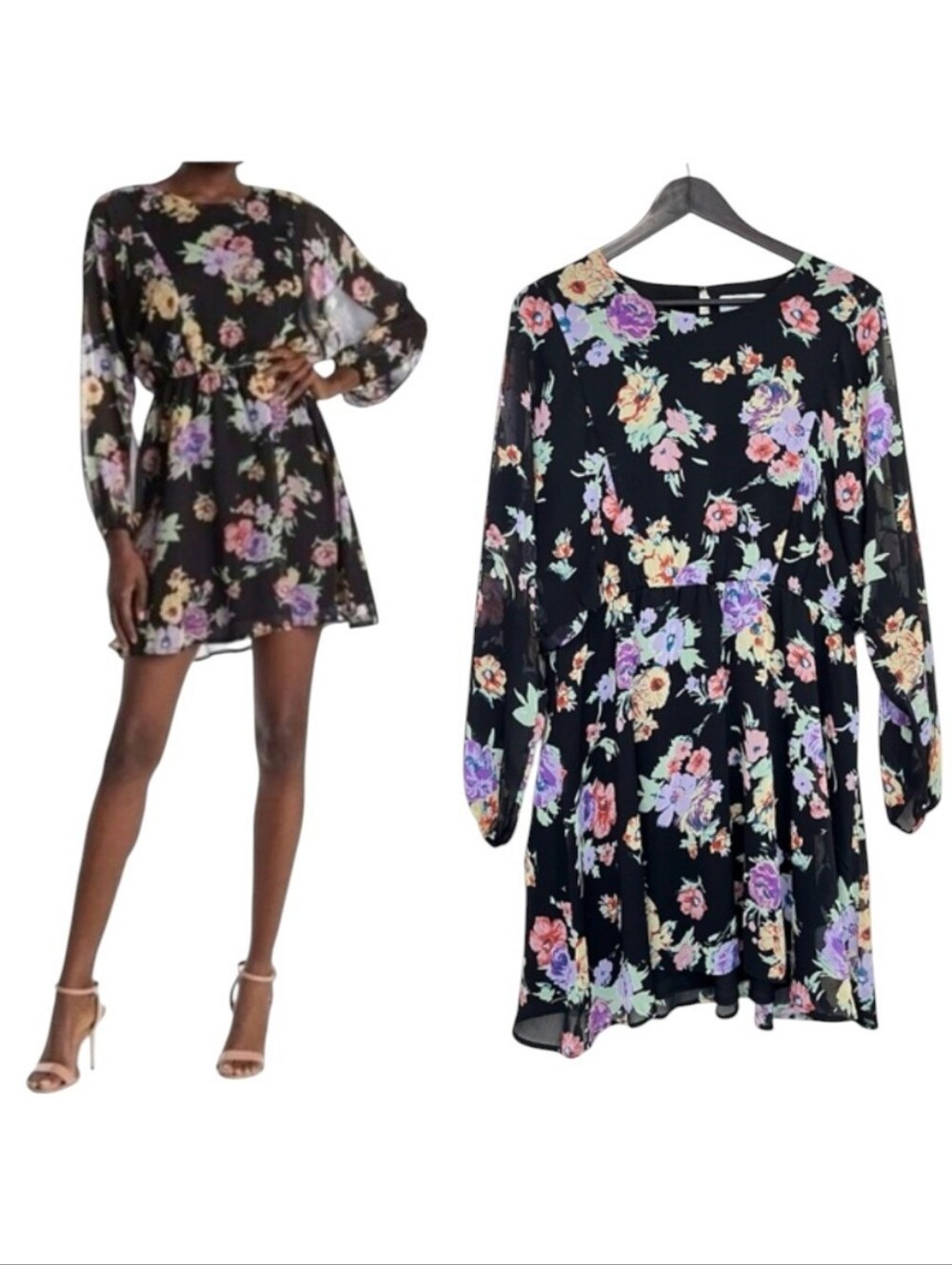 WAYF Floral Chiffon Long Dolman Sleeve Mini Dress